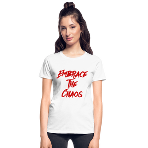 Embrace The Chaos Women's T-Shirt Red Logo - white