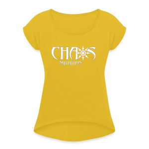 Chaos Nutrition Logo White Women's Roll Cuff T-Shirt - mustard yellow