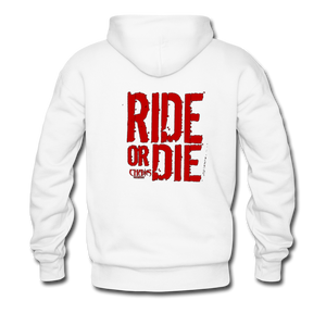 RIDE OR DIE, BLACK HOODIE WITH RED LETTERING - white