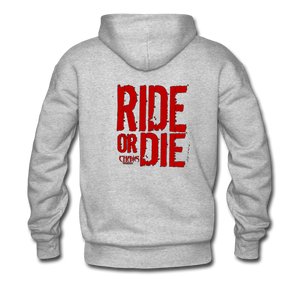 RIDE OR DIE, BLACK HOODIE WITH RED LETTERING - heather gray