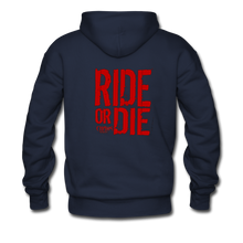 RIDE OR DIE, BLACK HOODIE WITH RED LETTERING - navy