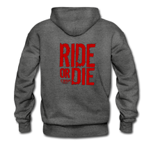 RIDE OR DIE, BLACK HOODIE WITH RED LETTERING - charcoal gray