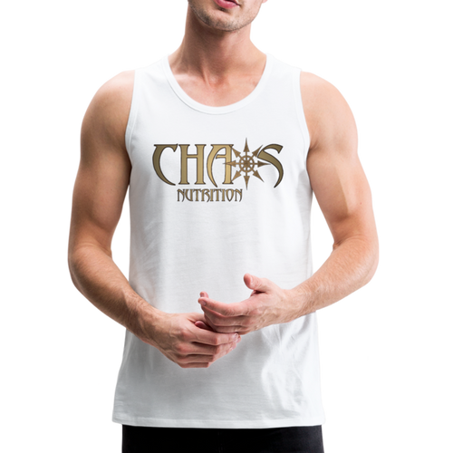 CHAOS NUTRITION, Black Tank Top with Gold Lettering - white