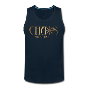 CHAOS NUTRITION, Black Tank Top with Gold Lettering - deep navy