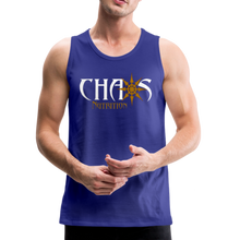 CHAOS NUTRITION, Black Tank Top with Gold- White Lettering - royal blue