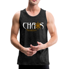 CHAOS NUTRITION, Black Tank Top with Gold- White Lettering - charcoal gray