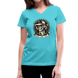 RIDE OR DIE- GUNS BLAZIN' BLACK V- NECK TEE - aqua