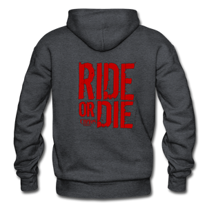 OG CHAOS + RIDE OR DIE, BLACK HOODIE WITH RED LETTERING - charcoal grey