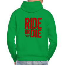 OG CHAOS + RIDE OR DIE, BLACK HOODIE WITH RED LETTERING - kelly green