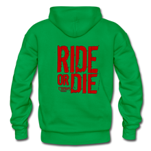 OG CHAOS + RIDE OR DIE, BLACK HOODIE WITH RED LETTERING - kelly green