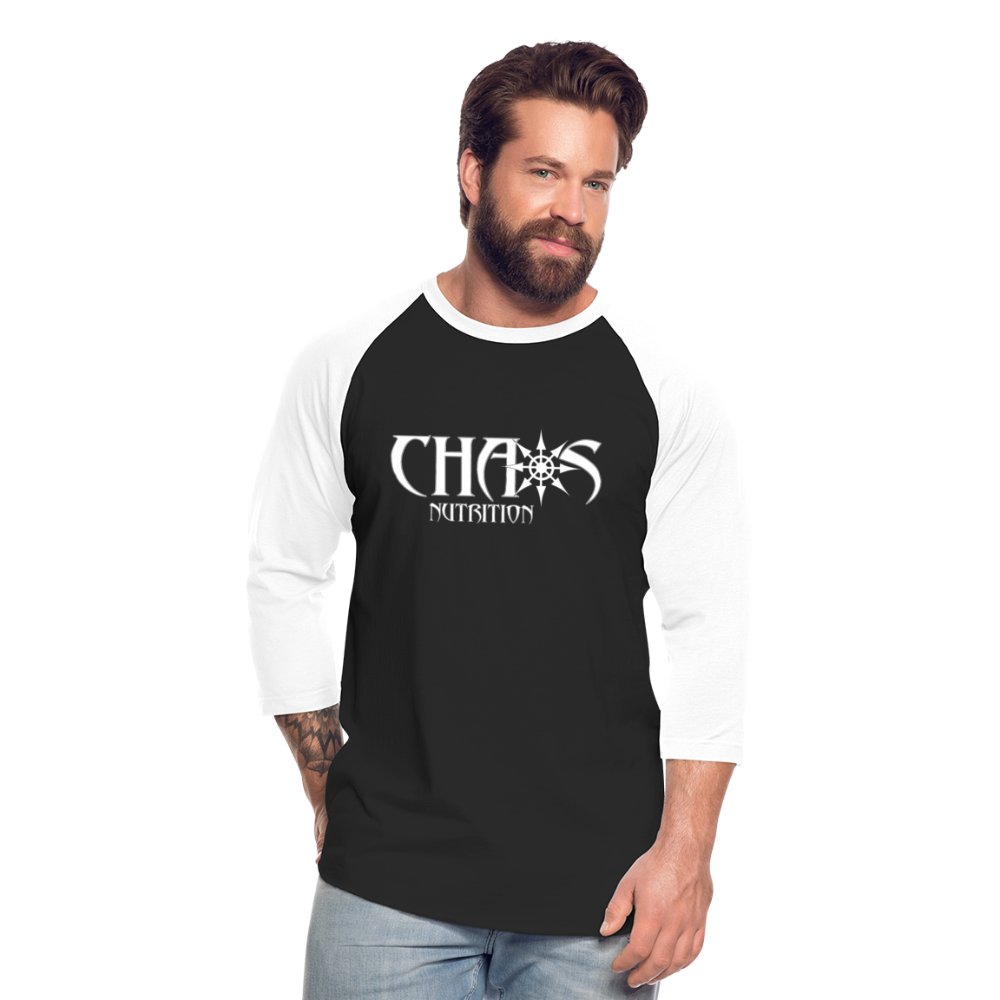 CHAOS NUTRITION - PREMIUM 3/4 SLEEVE BASEBALL T-SHIRT- WHITE LOGO - black/white