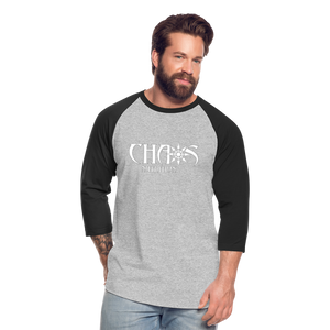 CHAOS NUTRITION - PREMIUM 3/4 SLEEVE BASEBALL T-SHIRT- WHITE LOGO - heather gray/black