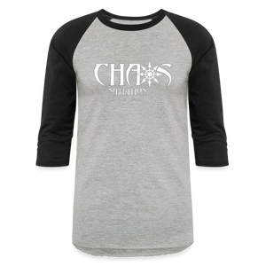 CHAOS NUTRITION - PREMIUM 3/4 SLEEVE BASEBALL T-SHIRT- WHITE LOGO - heather gray/black