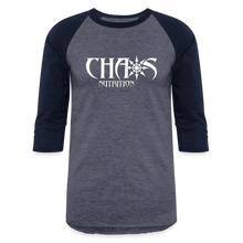 CHAOS NUTRITION - PREMIUM 3/4 SLEEVE BASEBALL T-SHIRT- WHITE LOGO - heather blue/navy