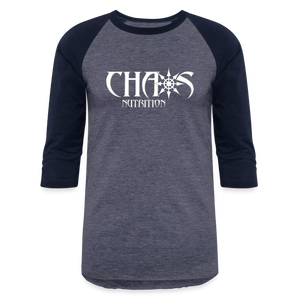 CHAOS NUTRITION - PREMIUM 3/4 SLEEVE BASEBALL T-SHIRT- WHITE LOGO - heather blue/navy