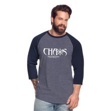 CHAOS NUTRITION - PREMIUM 3/4 SLEEVE BASEBALL T-SHIRT- WHITE LOGO - heather blue/navy