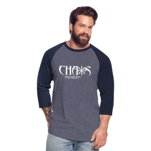 CHAOS NUTRITION - PREMIUM 3/4 SLEEVE BASEBALL T-SHIRT- WHITE LOGO - heather blue/navy
