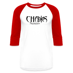 CHAOS NUTRITION  - PREMIUM 3/4 SLEEVE BASEBALL T-SHIRT- BLACK LOGO - white/red