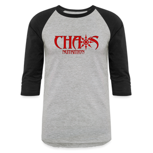 CHAOS NUTRITION  - PREMIUM 3/4 SLEEVE BASEBALL T-SHIRT- RED LOGO - heather gray/black