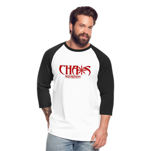 CHAOS NUTRITION  - PREMIUM 3/4 SLEEVE BASEBALL T-SHIRT- RED LOGO - white/black
