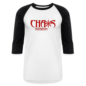 CHAOS NUTRITION  - PREMIUM 3/4 SLEEVE BASEBALL T-SHIRT- RED LOGO - white/black