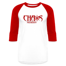 CHAOS NUTRITION  - PREMIUM 3/4 SLEEVE BASEBALL T-SHIRT- RED LOGO - white/red