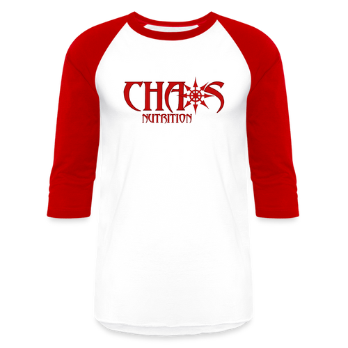 CHAOS NUTRITION  - PREMIUM 3/4 SLEEVE BASEBALL T-SHIRT- RED LOGO - white/red