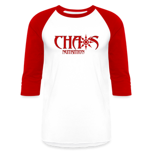 CHAOS NUTRITION  - PREMIUM 3/4 SLEEVE BASEBALL T-SHIRT- RED LOGO - white/red