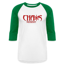 CHAOS NUTRITION  - PREMIUM 3/4 SLEEVE BASEBALL T-SHIRT- RED LOGO - white/kelly green