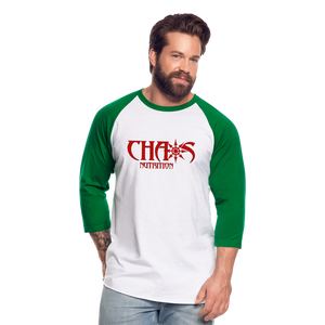 CHAOS NUTRITION  - PREMIUM 3/4 SLEEVE BASEBALL T-SHIRT- RED LOGO - white/kelly green